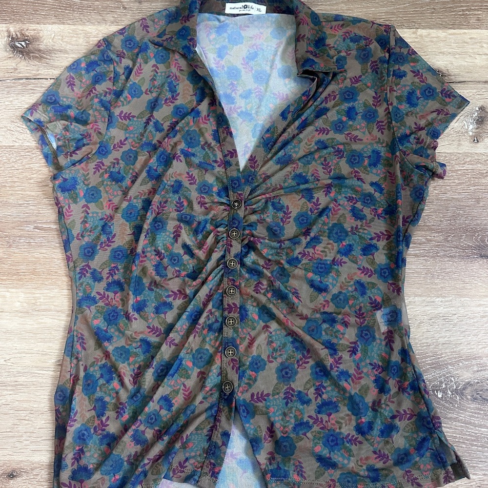 NATURAL LIFE Blue/green mesh Floral Blouse